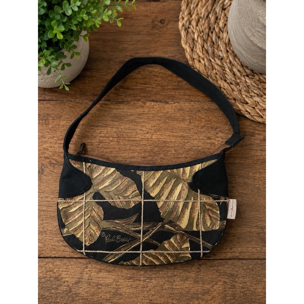 Paul Brent Shoulder Bag Purse Tropical Leaf Print Cotton Brown Black Y2K Boho